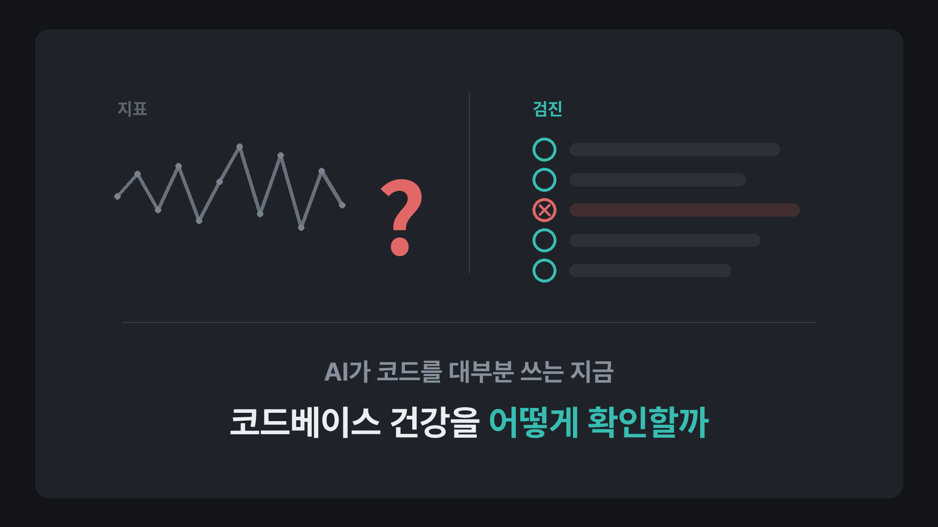 왼쪽에는 들쭉날쭉한 지표 선과 물음표가, 오른쪽에는 통과 넷과 이상 하나로 표시된 검진 항목 다섯 줄이 놓인 어두운 표지